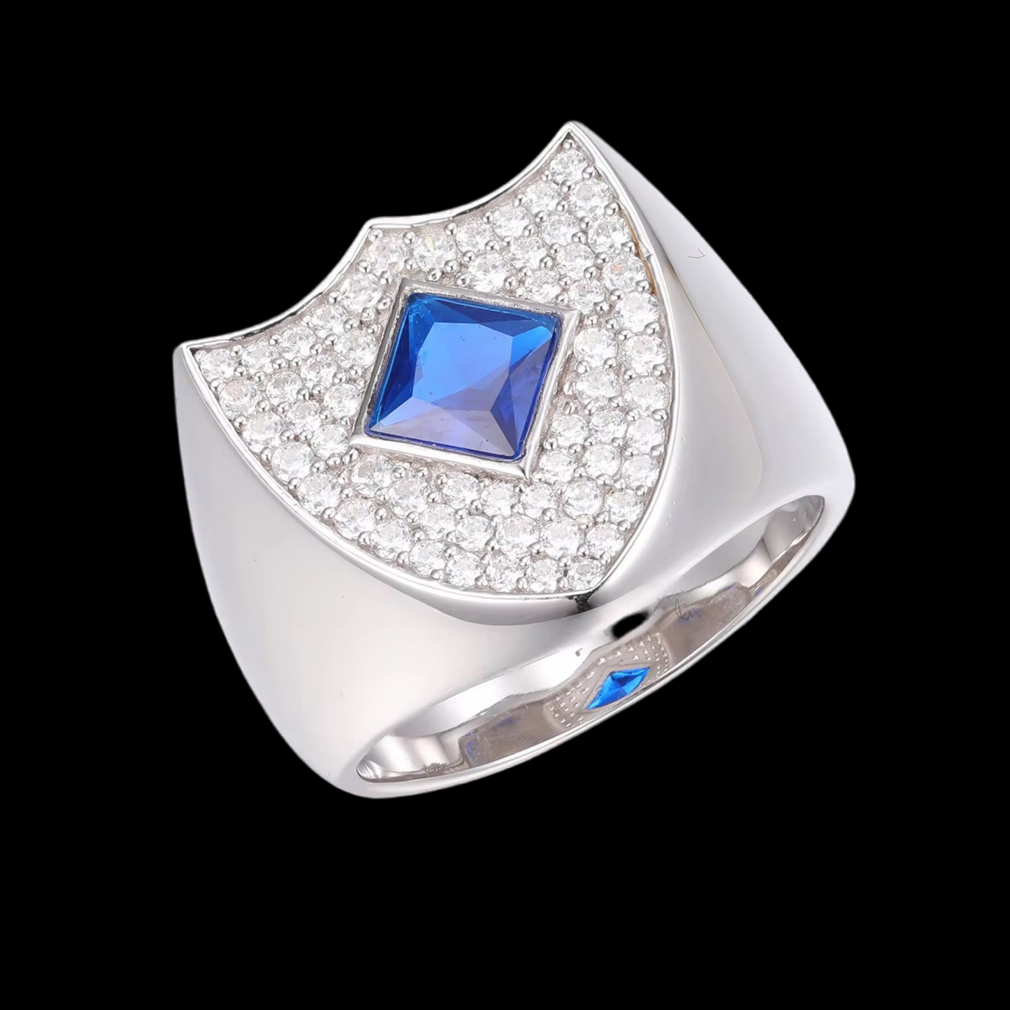 Asscher-Cut VVS Moissanite & Blue Gemstone Signet Ring – White Gold / 925 Silver