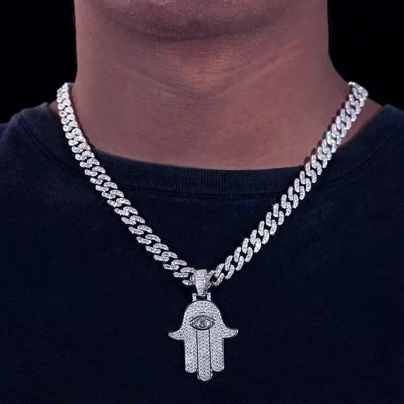 VVS Moissanite Iced-Out Hamsa Hand Pendant – 925 Sterling Silver