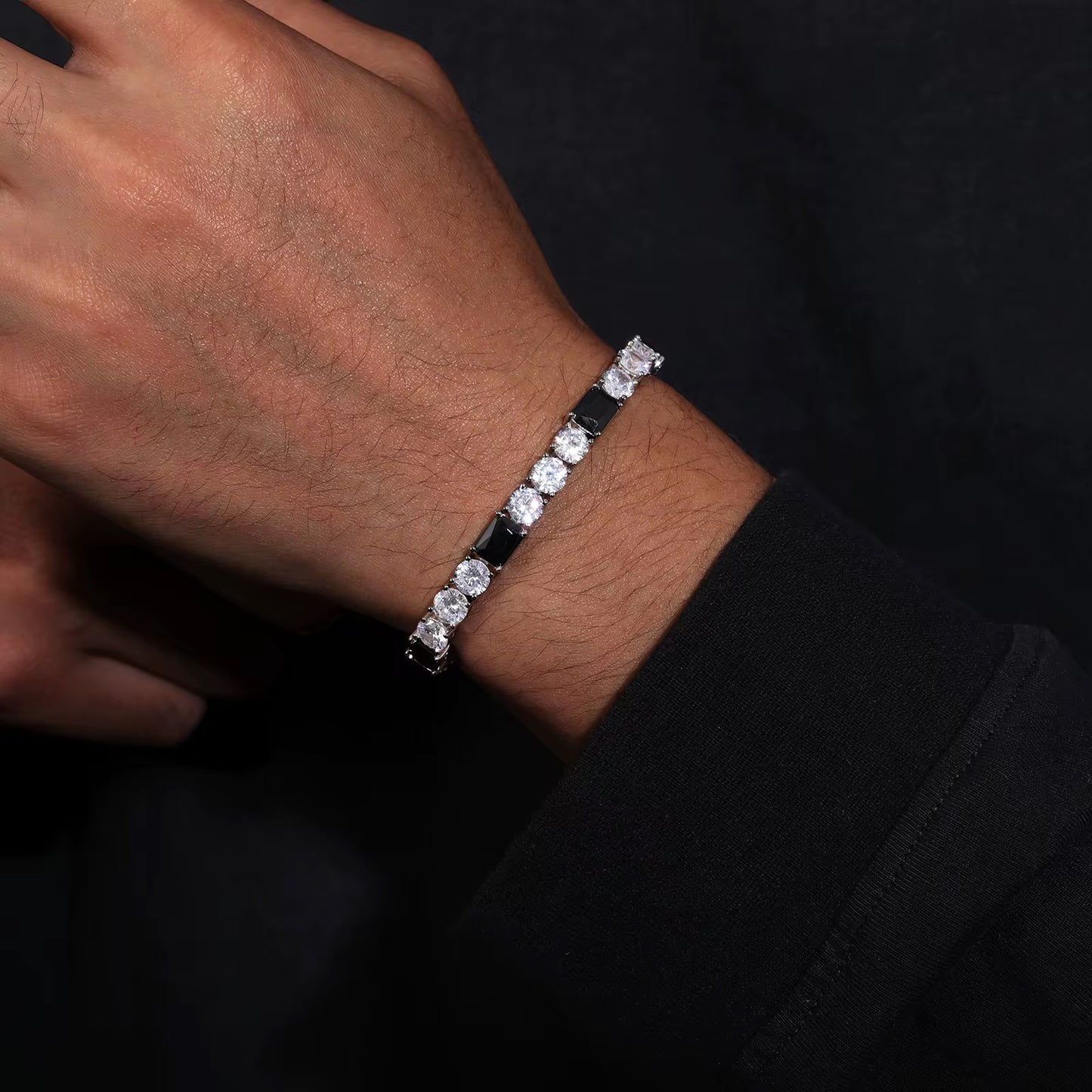 6mm Moissanite & Black Baguette CZ Cluster Tennis Bracelet – 925 Sterling Silver