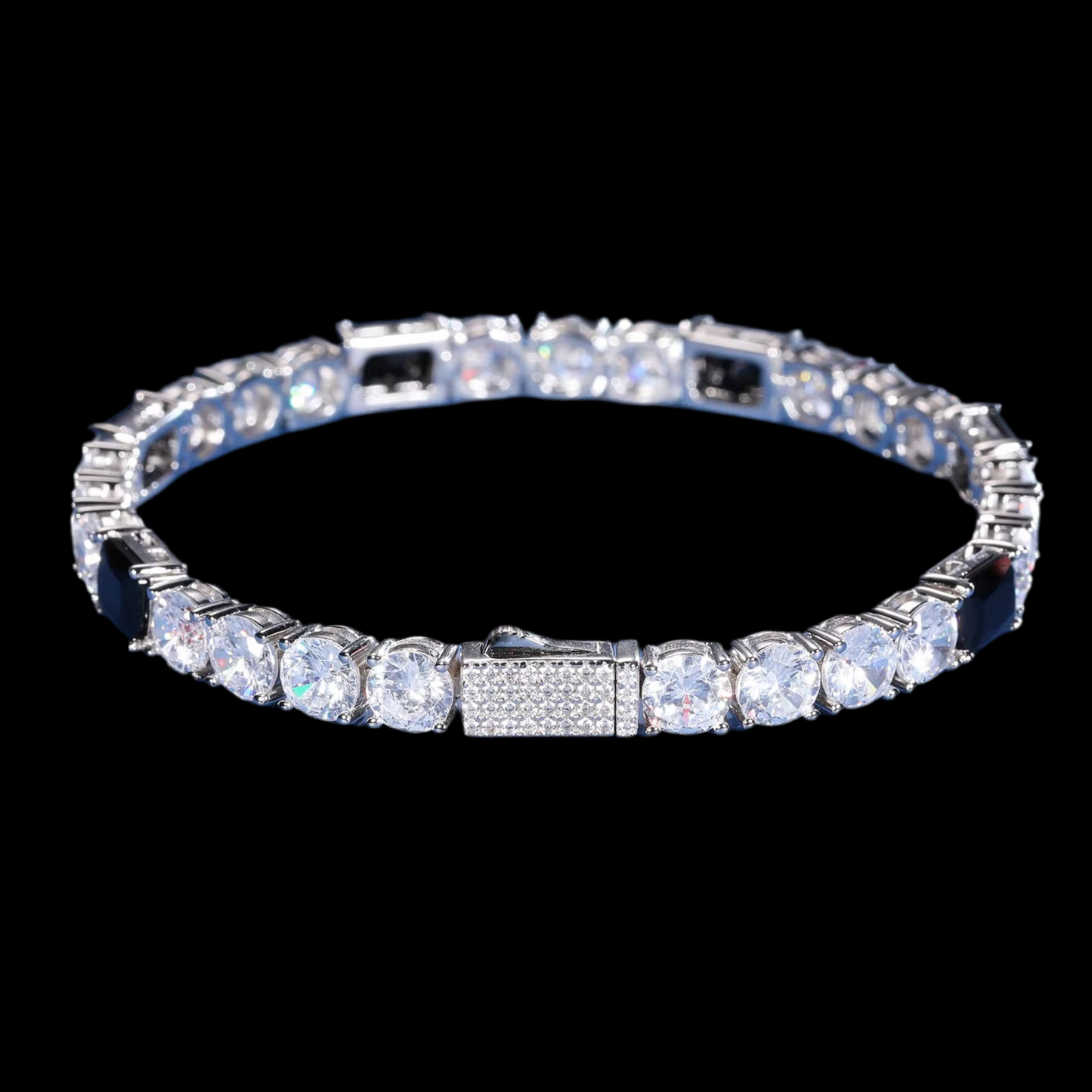 6mm Moissanite & Black Baguette CZ Cluster Tennis Bracelet – 925 Sterling Silver