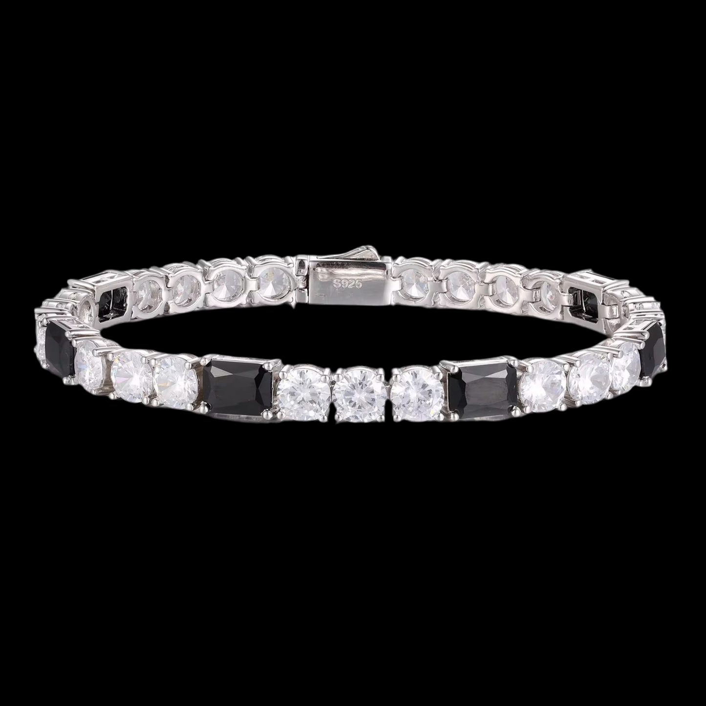 6mm Moissanite & Black Baguette CZ Cluster Tennis Bracelet – 925 Sterling Silver