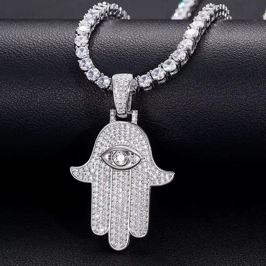 VVS Moissanite Iced-Out Hamsa Hand Pendant – 925 Sterling Silver