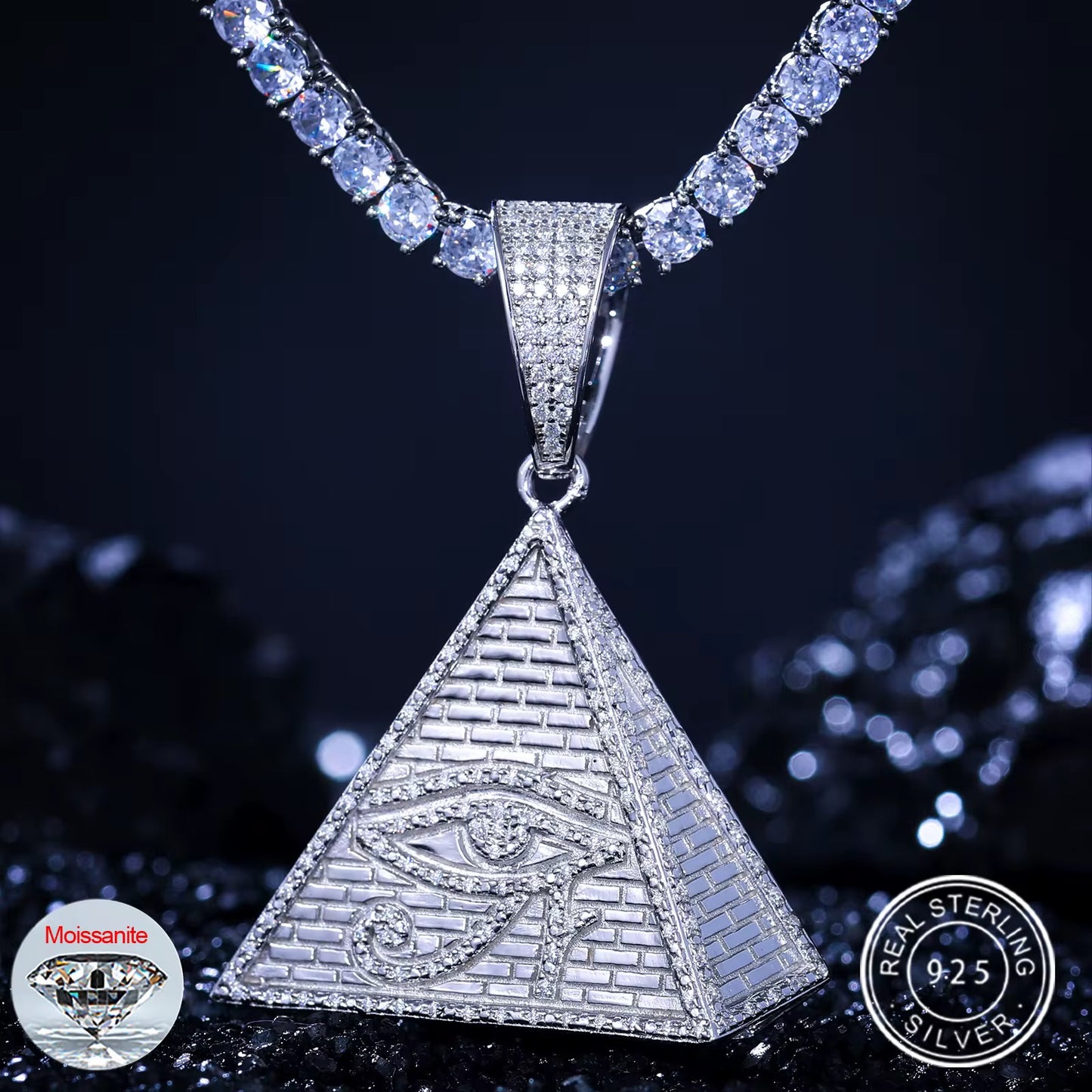 VVS Moissanite Iced-Out Egyptian Pyramid Pendant – 925 Sterling Silver