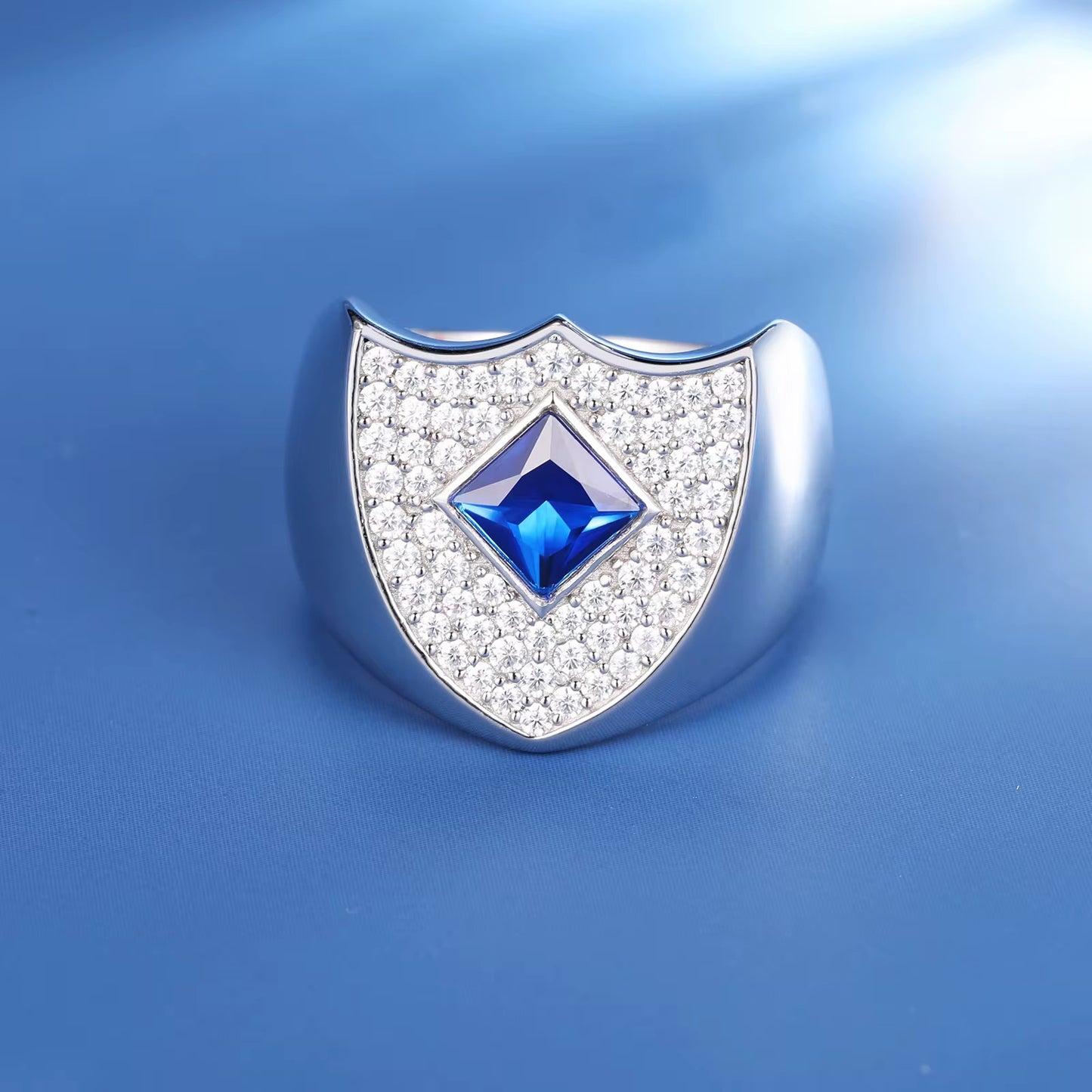 Asscher-Cut VVS Moissanite & Blue Gemstone Signet Ring – White Gold / 925 Silver